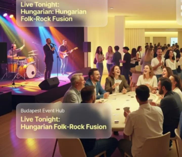 Nyüzsgő élő koncert sárga fényekkel és bulizó közönséggel a Social Fun Venue eseményén