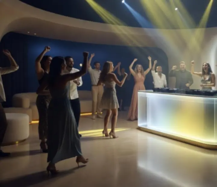 Modern fényekkel megvilágított DJ tánctér