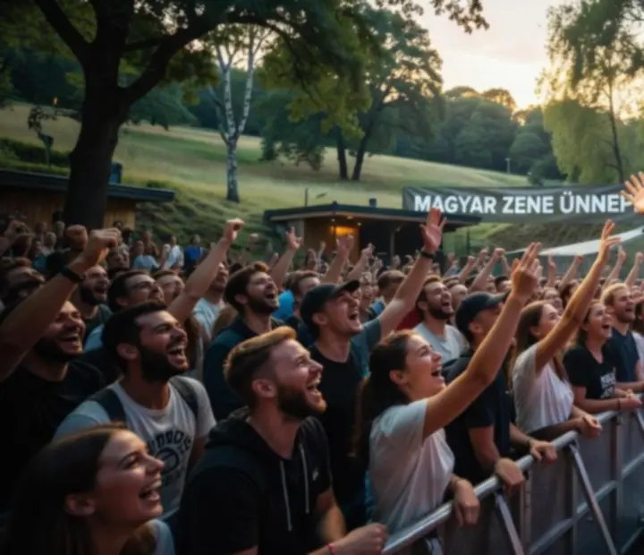 Zenekar színpadon, látványos fényekkel és magasba emelt kezekkel a közönségben