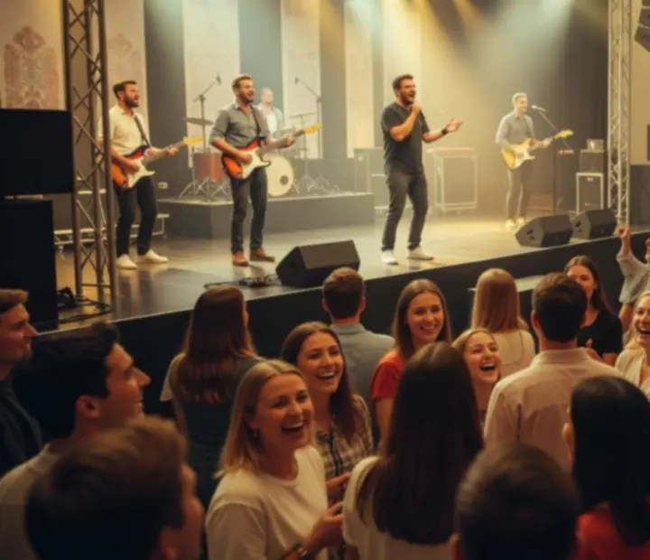 Élő koncert esti fényekkel, közönség és színpad a Social Fun Venue eseményén