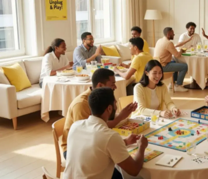 Baráti társaság offline játékokat játszik egy hangulatos estén