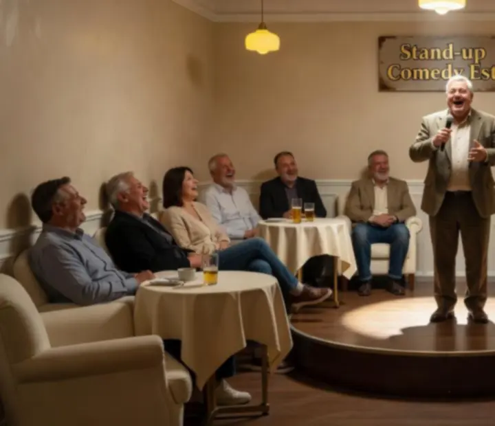 Meleg fényű stand-up sarok kis színpaddal