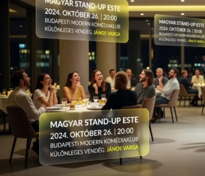 Fényekkel megvilágított stand-up színpad és nevető közönség a Social Fun Venue-ben