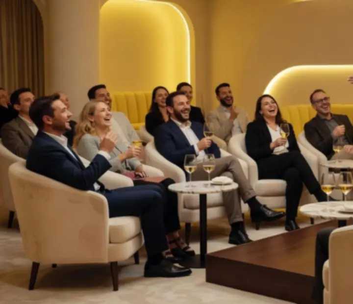 Élő stand-up pillanat: humorista a színpadon, nevető közönség a Social Fun Venue-ben